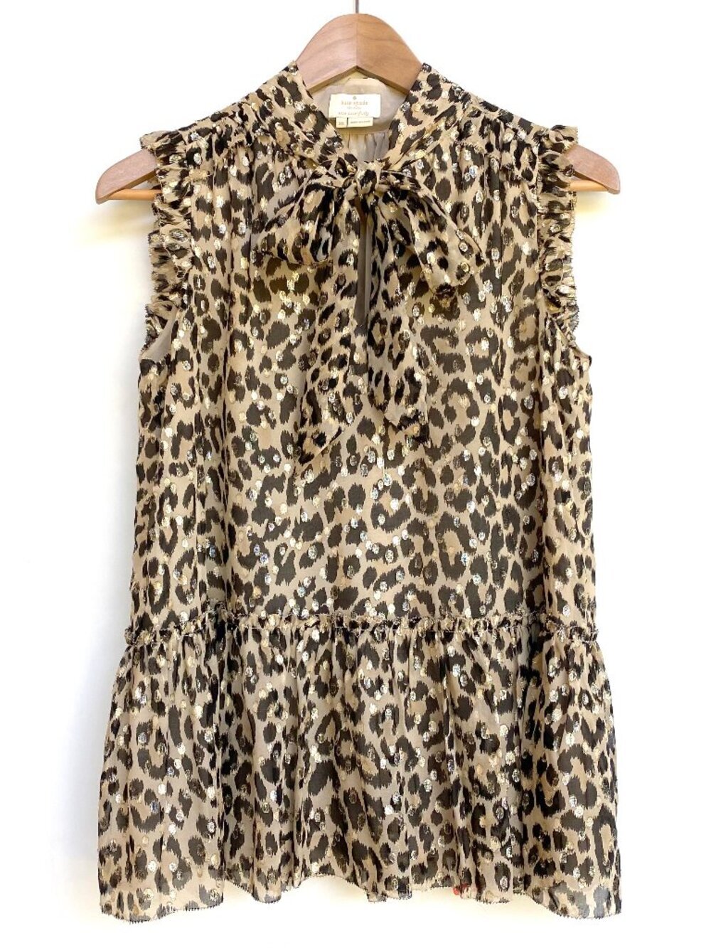 Kate Spade Silk Leopard Metallic Ruffle Hem Bow Top XS